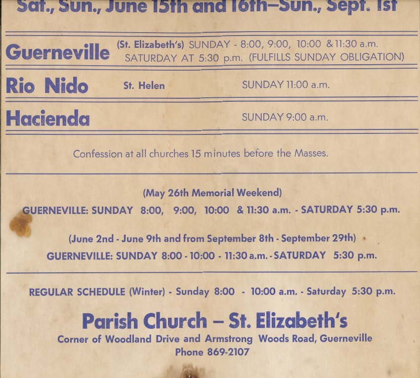 Russian River Catholic Churches 1974: Summer Schedule