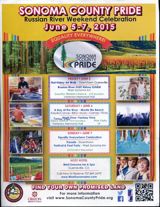 Sonoma County Pride
Russian River Weekend Celebration
June 5-7, 2015
