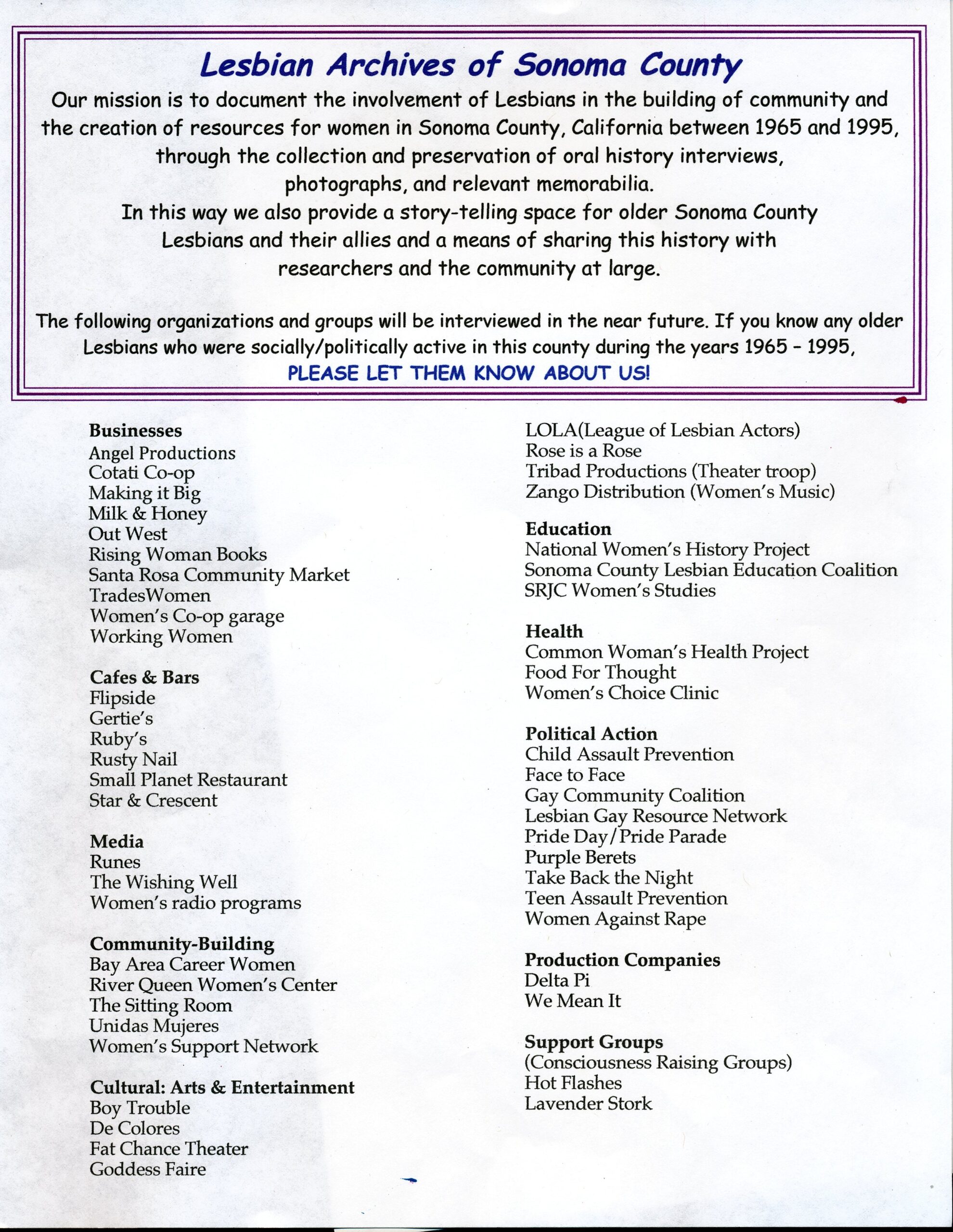 Lesbian Archives of Sonoma County