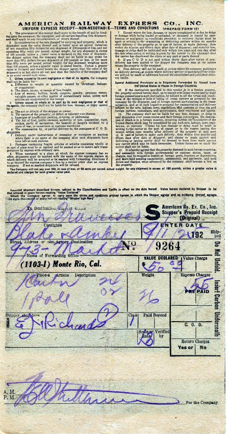 American Railway Express Co. Inc.
Consignment Receipt